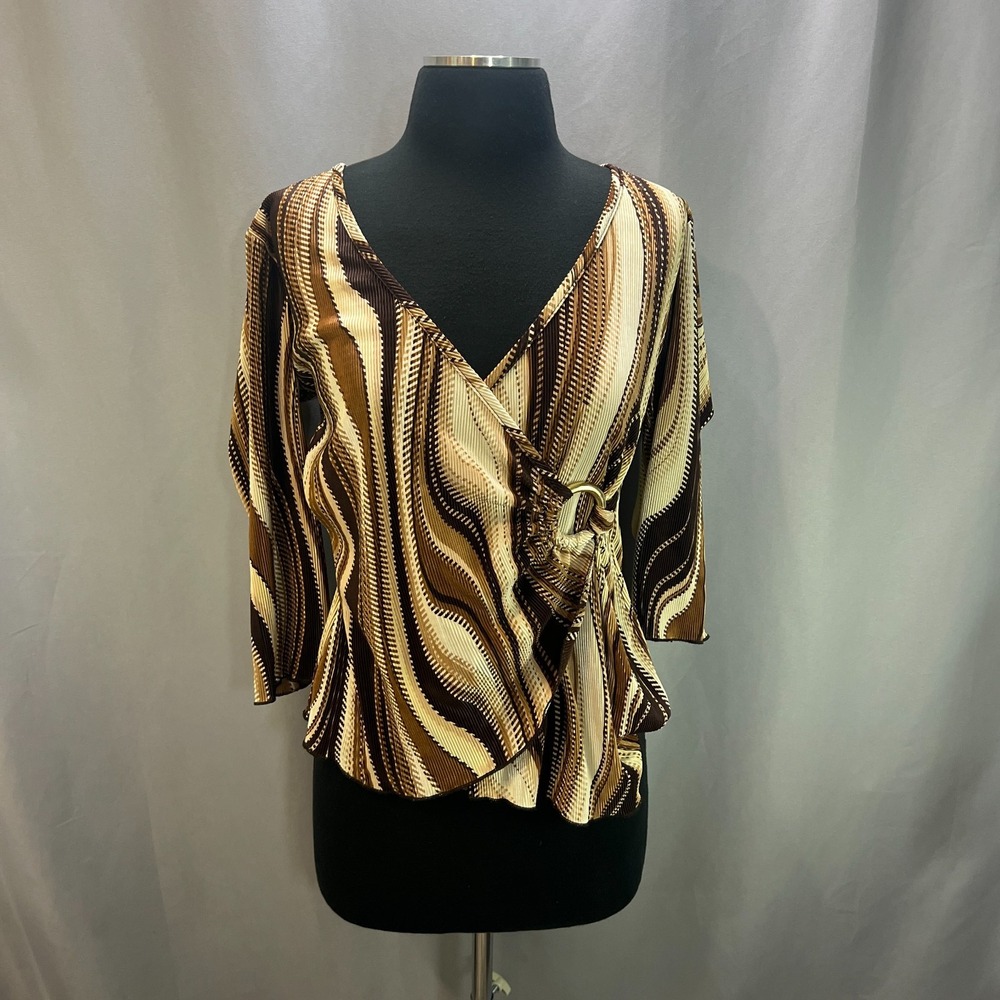 Brittany Black Faux Wrap Tunic Blouse Womens Small Multicolor Ring Detail V Neck